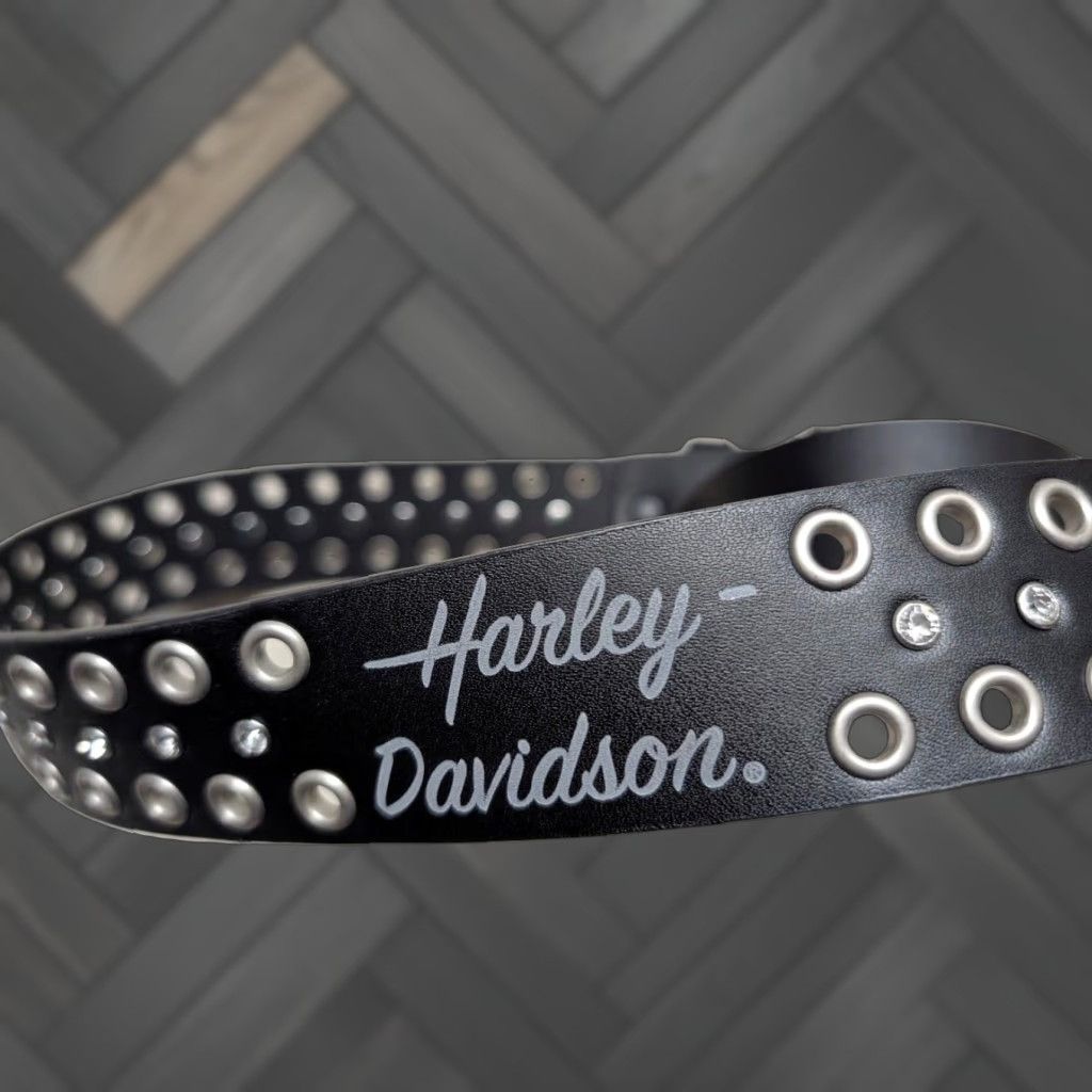Harley Davidson Harley-Davidson belt buckle Studded black leather 32 rhinestone Y2K motorcycle Belt Unisex Adults Adult 32 Black Studded 90s Size 32 - 1 Thumbnail