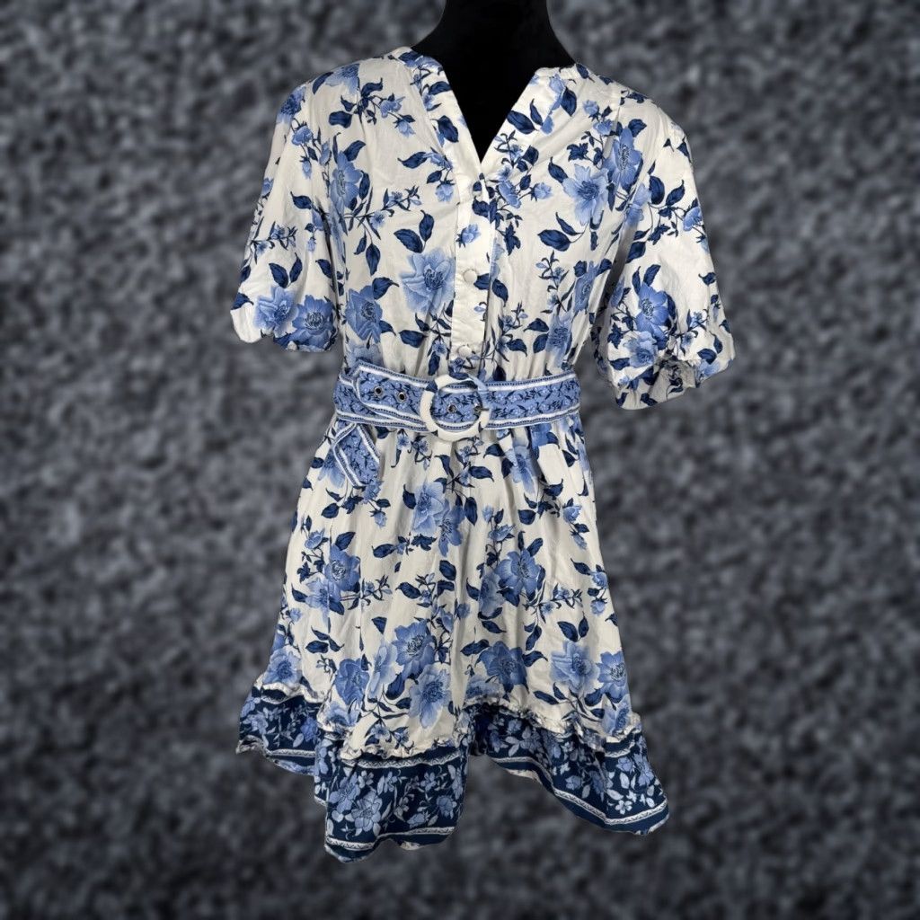 joie blue and white dress Joie Puff Sleeve Shirred Dress Floral Print White/Blue main image 0