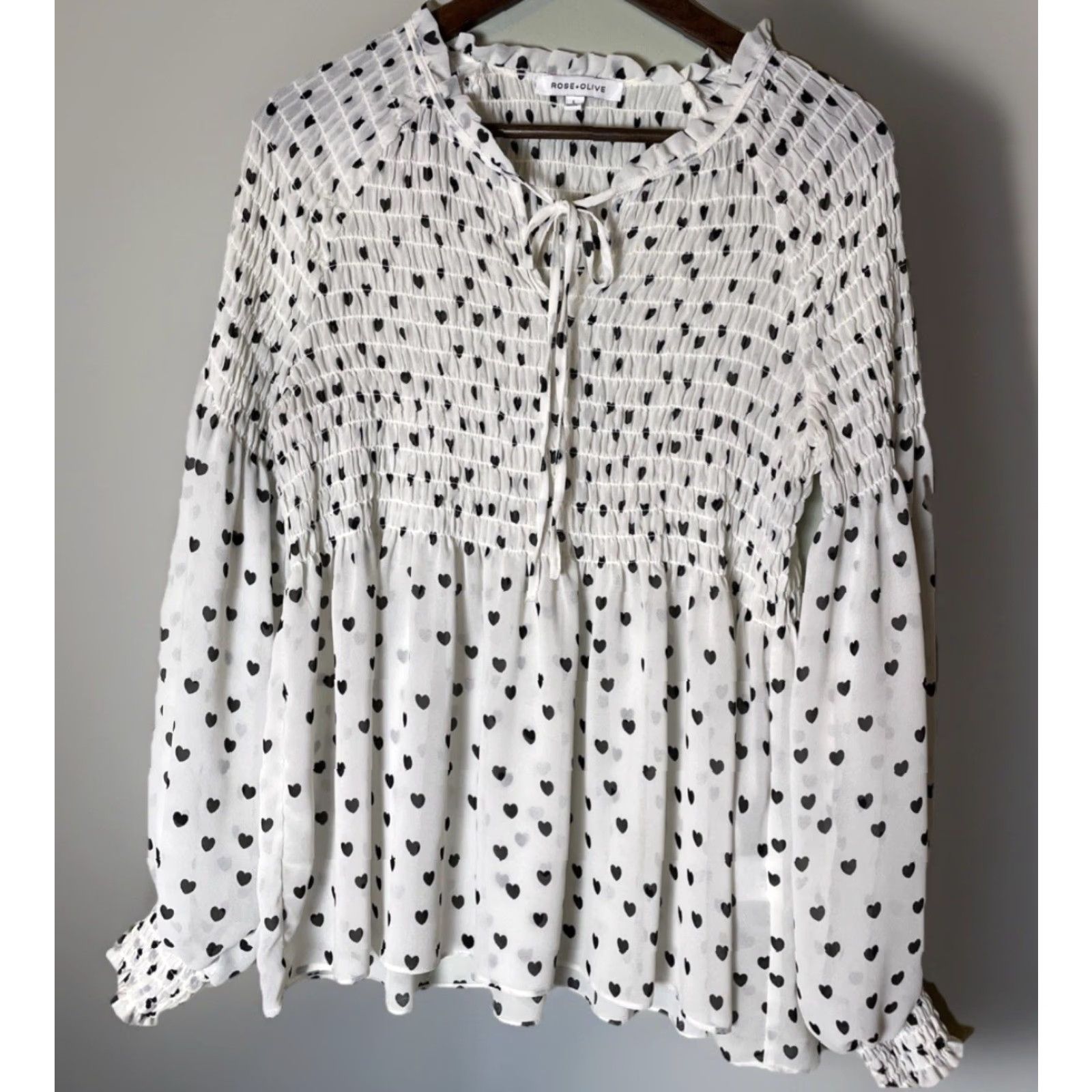 Vintage Rose + Olive Blouse L White Hearts Print Chiffon Balloon Sleeve Ruffle Neck Sheer Casual Women Size L / US 10 / IT 46 - 3 Thumbnail