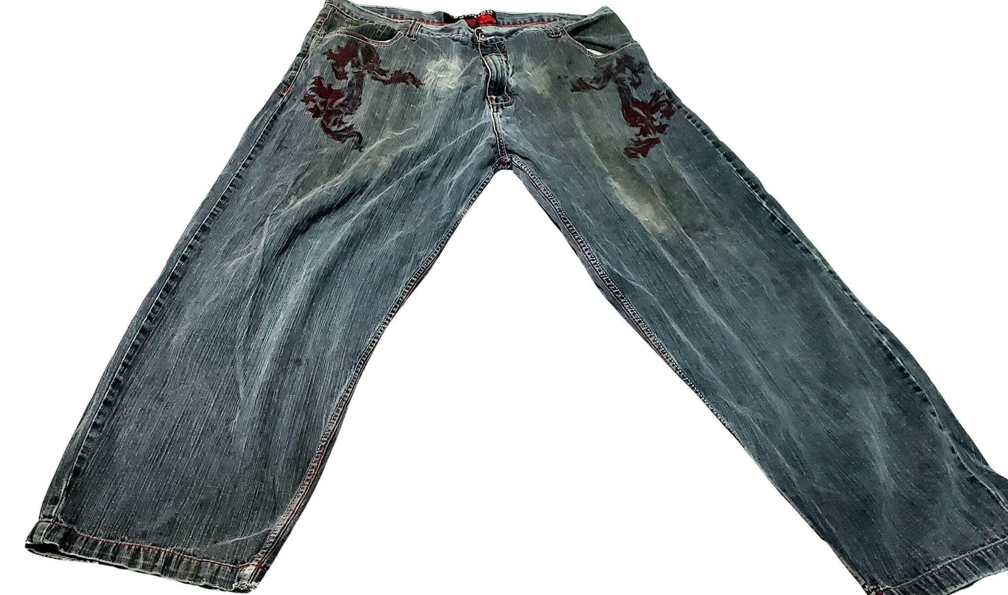 Other Y2K Black Baggy Jeans Mens 44 Red Dragon Print Faded Grunge Size US 44 / EU 60 - 3 Thumbnail