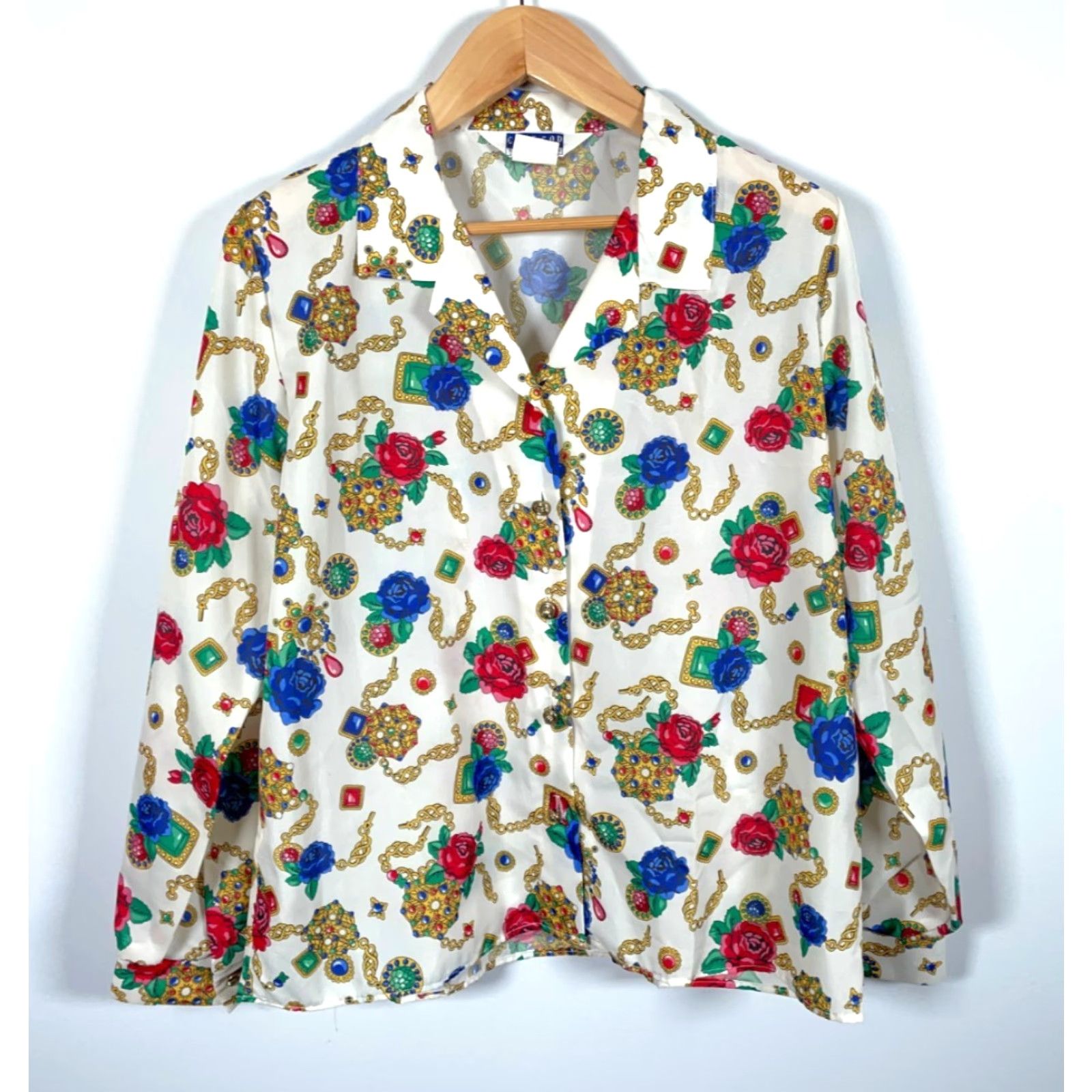 Vintage Cape Cod Floral Gold Chains Print Shirt Women's XL White Camp Collar AOP Vintage 90s Bohemian Retro Flower Shirt Womens XL White Cape Cod Size XL / US 12-14 / IT 48-50 - 2 Thumbnail