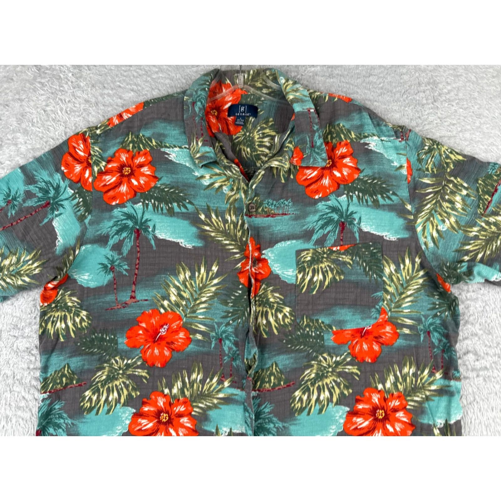 George George Button-Up Shirt Men Large Gray Blue Red Floral Palm Hawaiian 100% Rayon Read Size US L / EU 52-54 / 3 - 4 Thumbnail