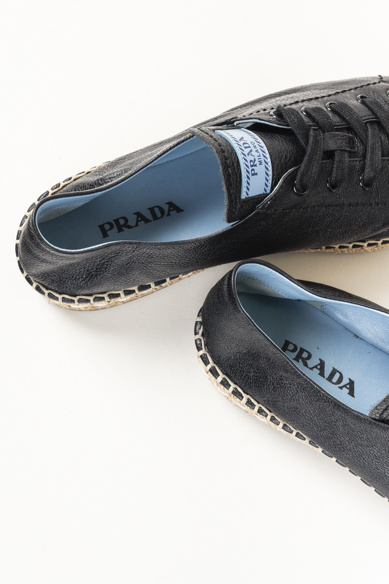 Prada Prada Black Leather Blue Tab Double Jute Platform Espadrille Size US 11 / IT 41 - 10 Thumbnail