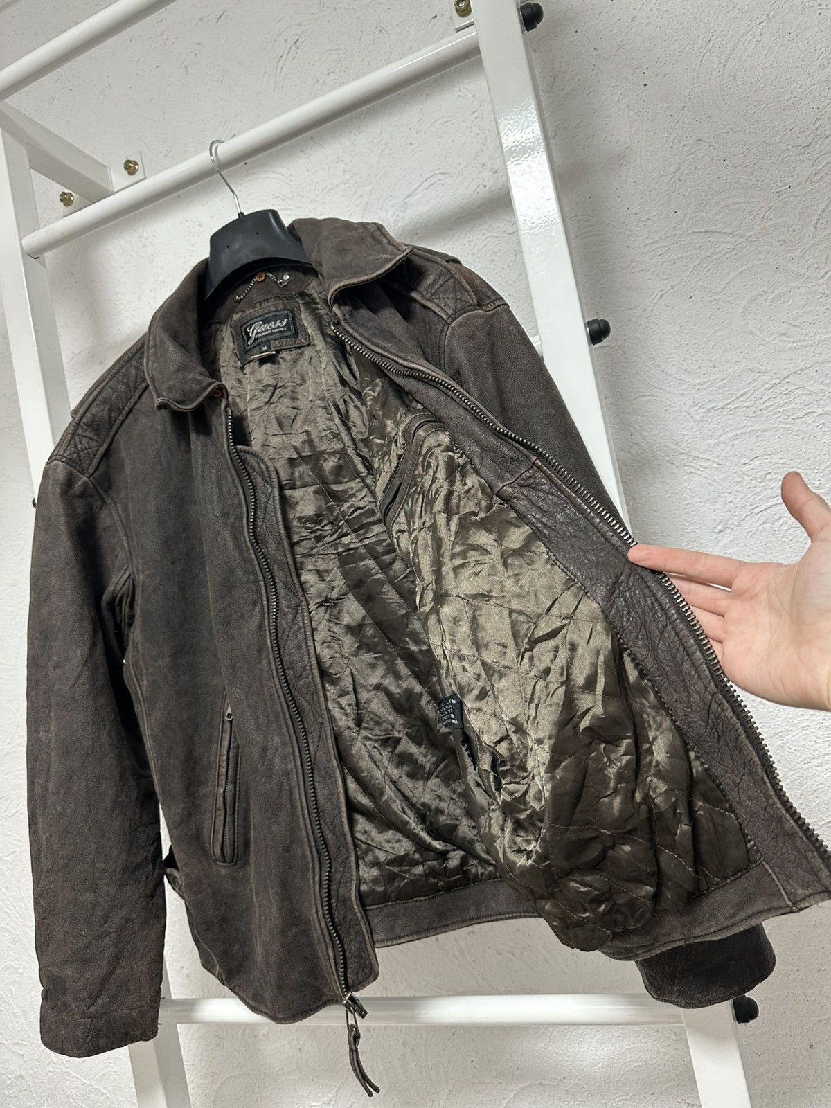 Vintage Guess Men’s Leather Jacket, Brown, Size M
