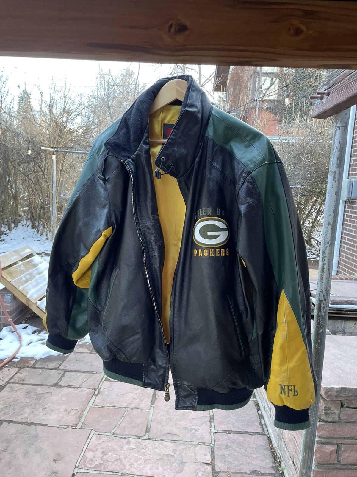 image of Nfl x Vintage Packers Leather Jacket in Black, Men's (Size Large)