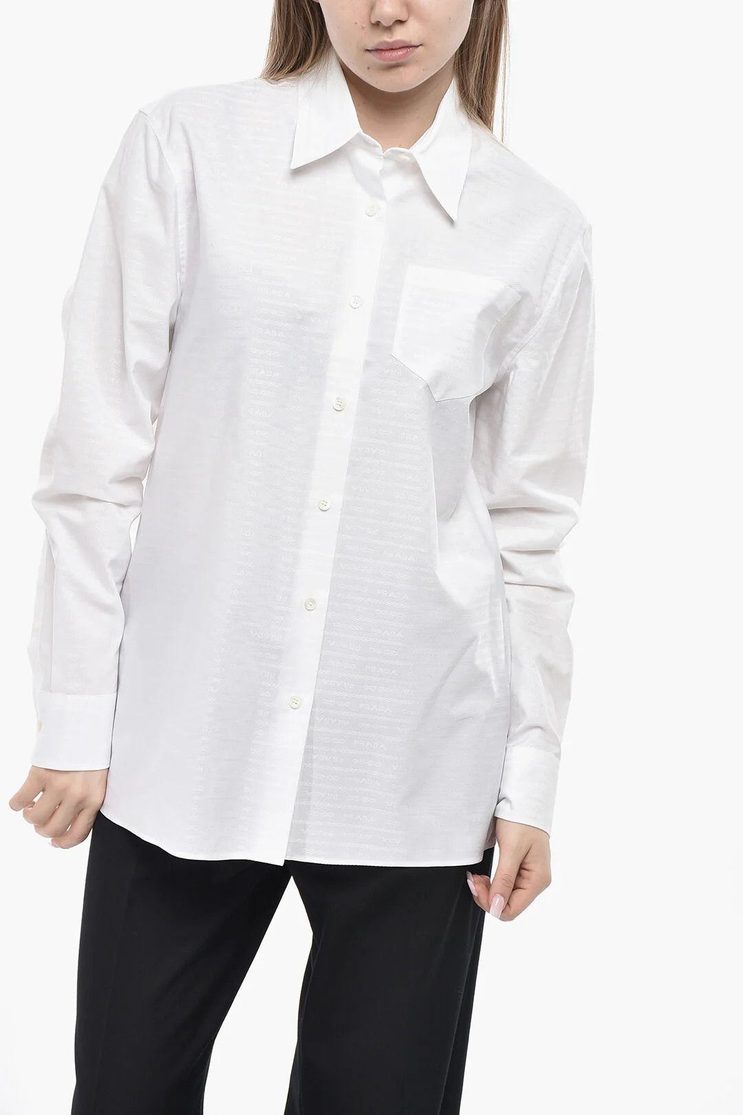 Prada og1mm0426 Jacquard Poplin Shirt in White Size S / US 4 / IT 40 - 1 Thumbnail