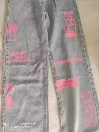Graphic Pink Casual Pants Straight Wide Leg Jeans