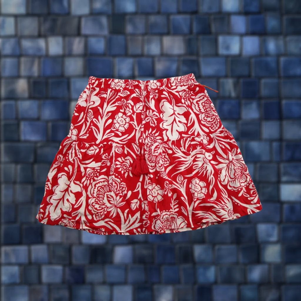 Vintage Knox Rose Skirt Short A-Line Elastic Waist Red White Floral Tropical Beach Bohemian 90s Ladies Size M Womens Size 32" / US 10 / IT 46 - 1 Thumbnail