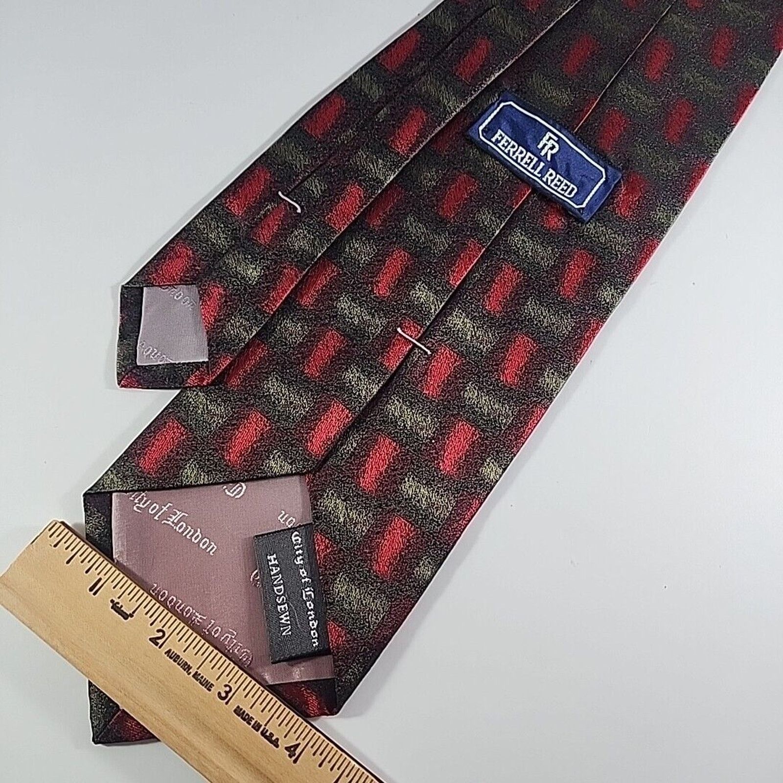 Vintage Ferrell Reed Silk Jacquard Necktie - Red-Green Geometric Size ONE SIZE - 2 Thumbnail