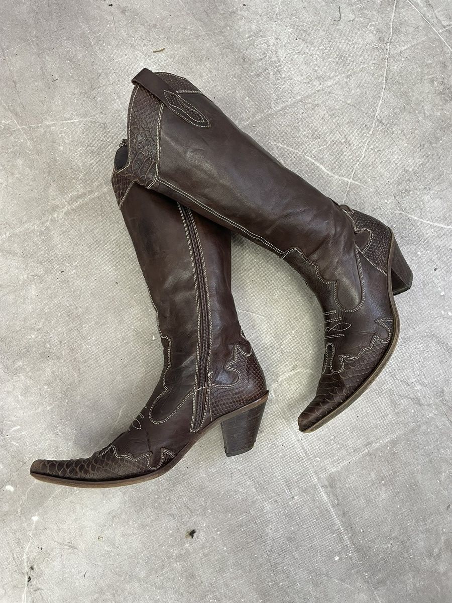 If Six Was Nine Guidi style Brown Leather Cowboy Boots Snakeskin Detail 41 Size US 8 / EU 41 - 9 Thumbnail