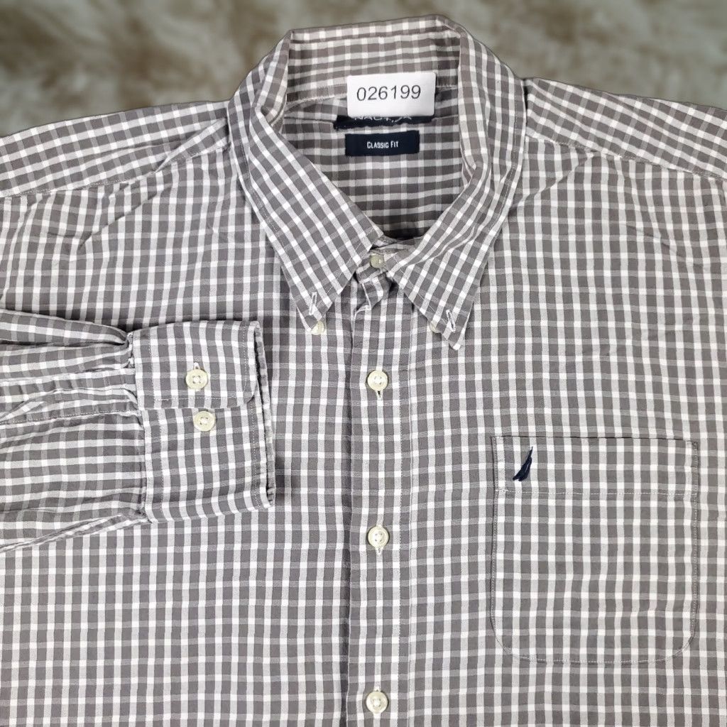 Nautica Nautica Dress Shirt Mens 17.5 Beige Check Long Sleeve Button Up Size 17.5 Adult Regular Mens Size 46R - 1 Thumbnail