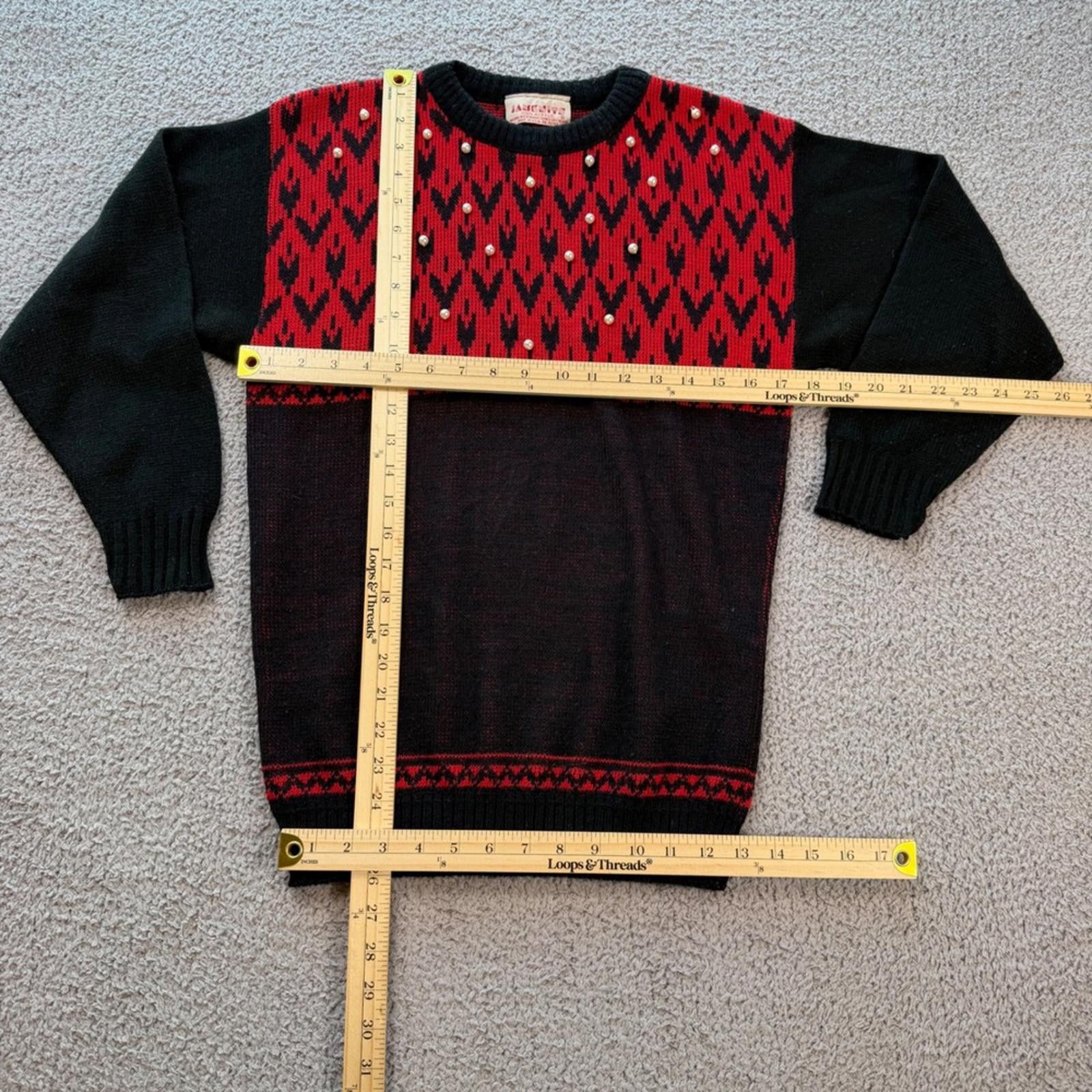 Other Vintage 80s Jansens Red Black Pearl Embellished Sweater USA Size M / US 6-8 / IT 42-44 - 2 Thumbnail