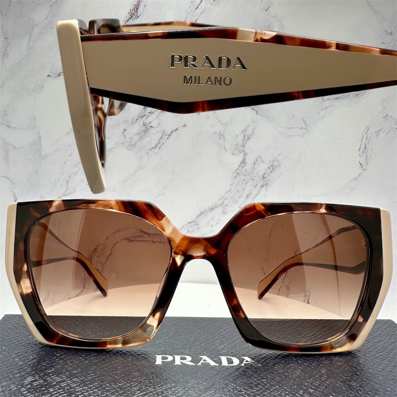 New PRADA Sunglasses Symbole Logo Brown Beige Tortoise Gold