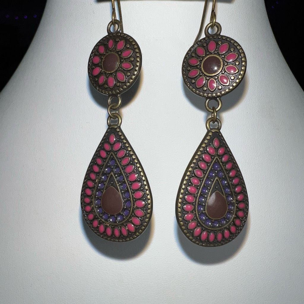 Vintage Vintage Bronze Tone Mosaic Teardrop Dangle Earrings Size ONE SIZE - 1 Thumbnail
