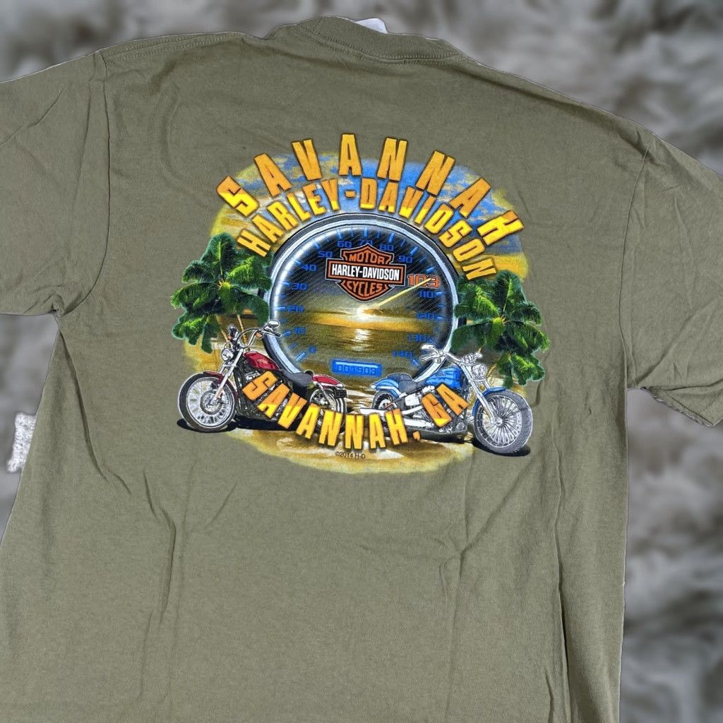 Harley Davidson Harley-Davidson T-Shirt Mens Large Olive Green Biker Y2K Savannah Grunge Skate Short Sleeve Crew Neck Cotton Graphic Print Size US L / EU 52-54 / 3 - 1 Thumbnail