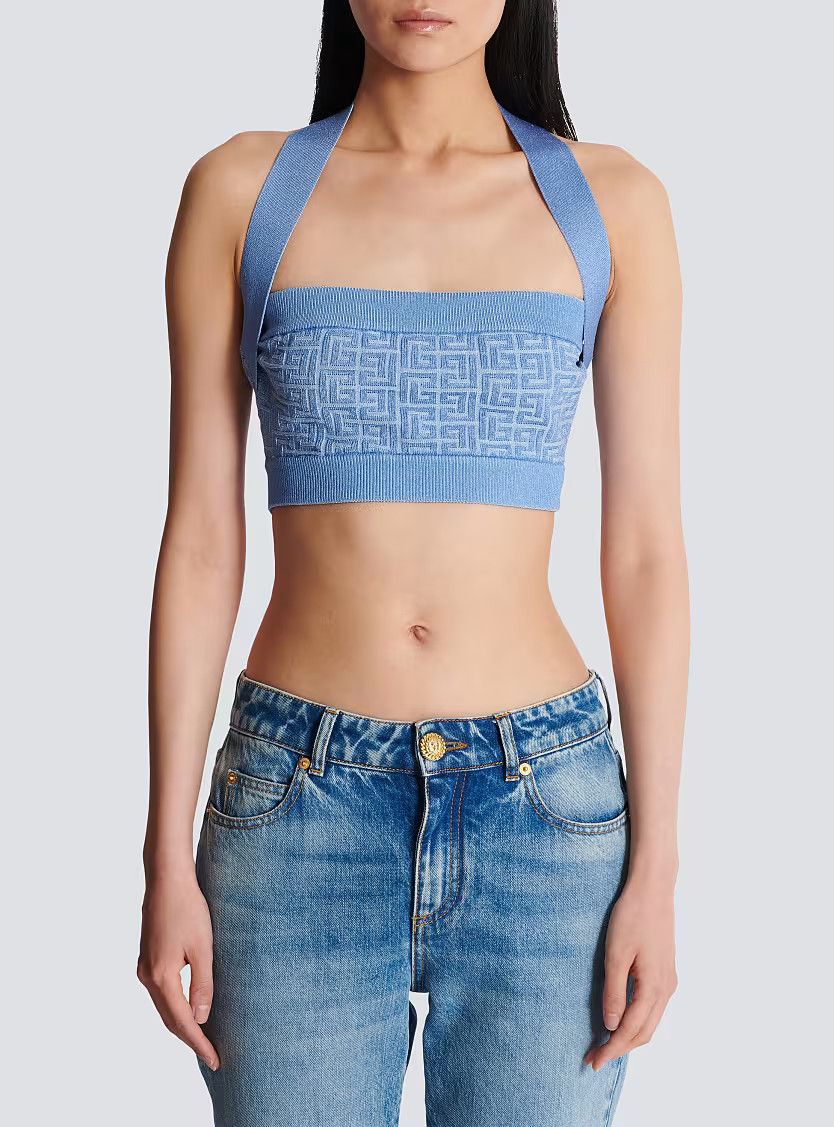 Balmain o1s1wg111225 Knit Halterneck Top With Monogram in Blue Size M / US 6-8 / IT 42-44 - 2 Thumbnail