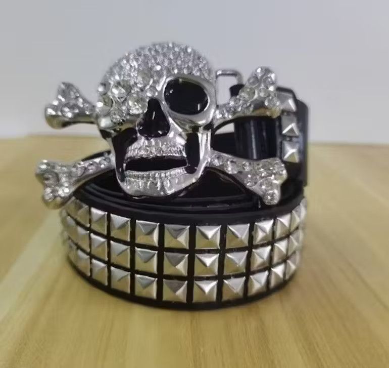 image of Skull Rhinestone Pu Leather Belt in Black, Men's