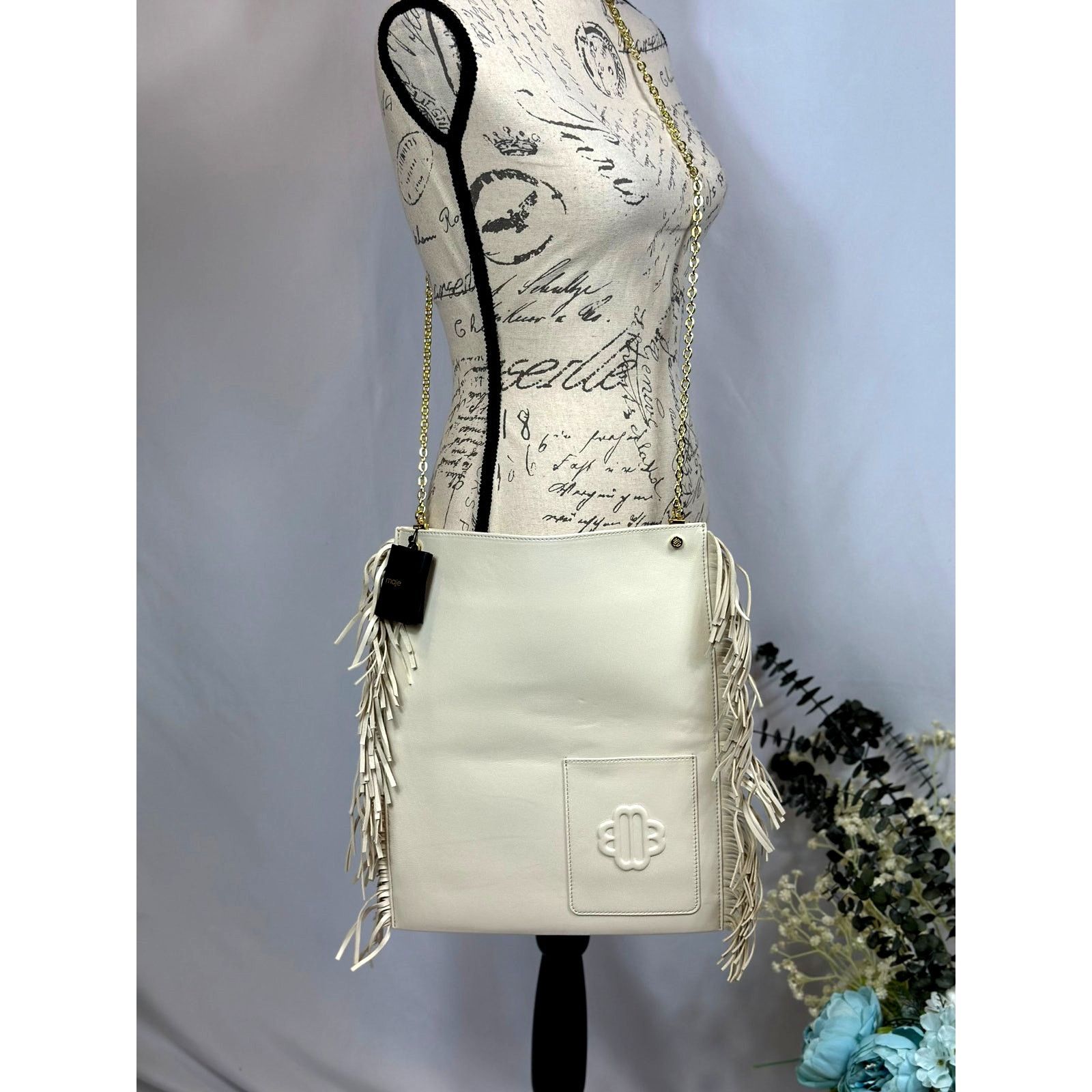 Maje Maje Clover Fringed Leather Bag Vanilla Ecru 14.5" x 12" Size ONE SIZE - 4 Thumbnail