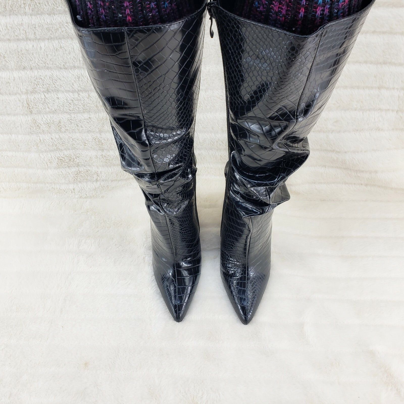 Other Always Trendy Black Croc Slouchy Scrunch High Heel Knee Boot Size US 8 / IT 38 - 5 Thumbnail
