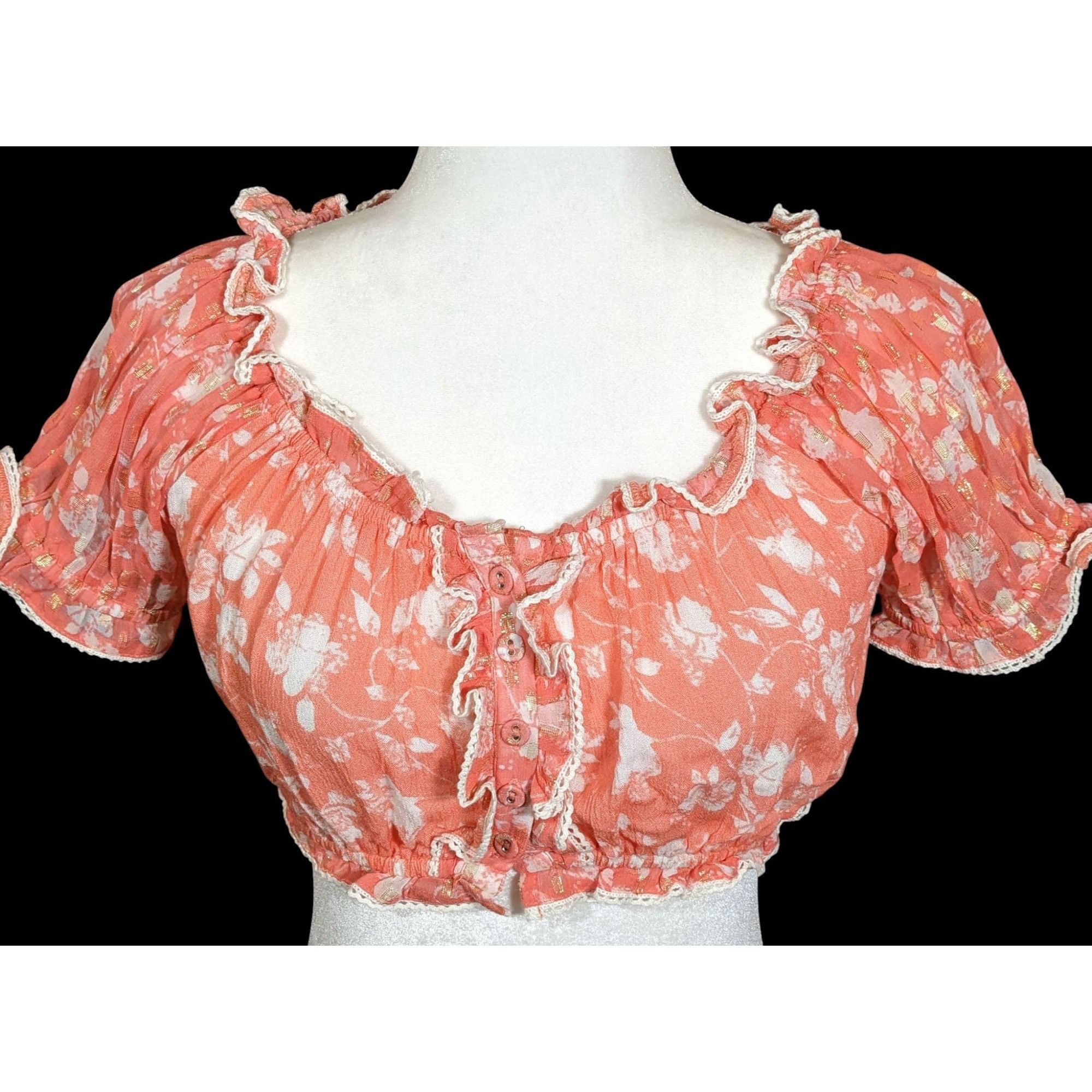 Other Sunday Saint-Tropez Pink/Orange Floral Ruffle Crop Top With Size M / US 6-8 / IT 42-44 - 1 Thumbnail
