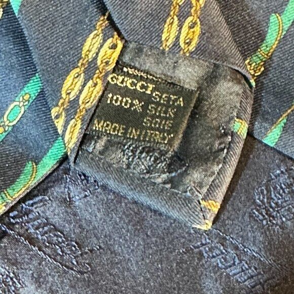 Gucci Gucci Logo Silk Tie Kelly Green Blue Striped Gold Link Chain Size ONE SIZE - 7 Thumbnail