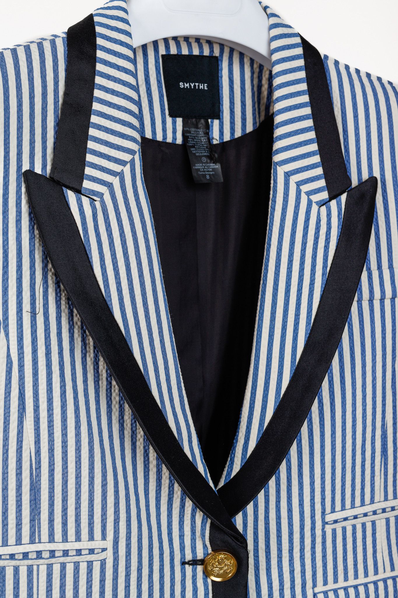 SMYTHE Smythe Blue Seersucker Striped Taped Peak Lapel Blazer Size M / US 6-8 / IT 42-44 - 8 Thumbnail