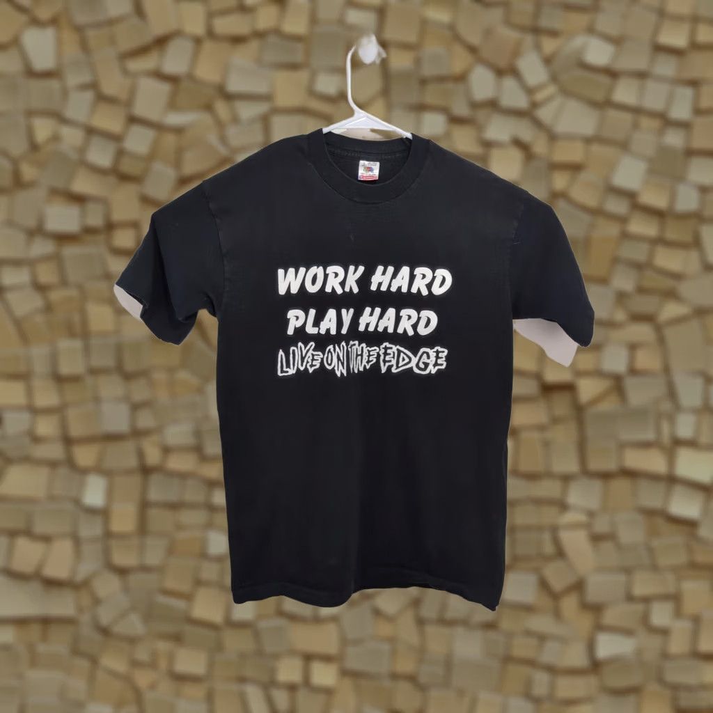 Fruit Of The Loom VINTAGE Nashville TN Work Hard Play Hard T Shirt Large Black Unisex 1990s Fruit of the Loom Graphic Tee Mens Womens Size US M / EU 48-50 / 2 - 1 Thumbnail