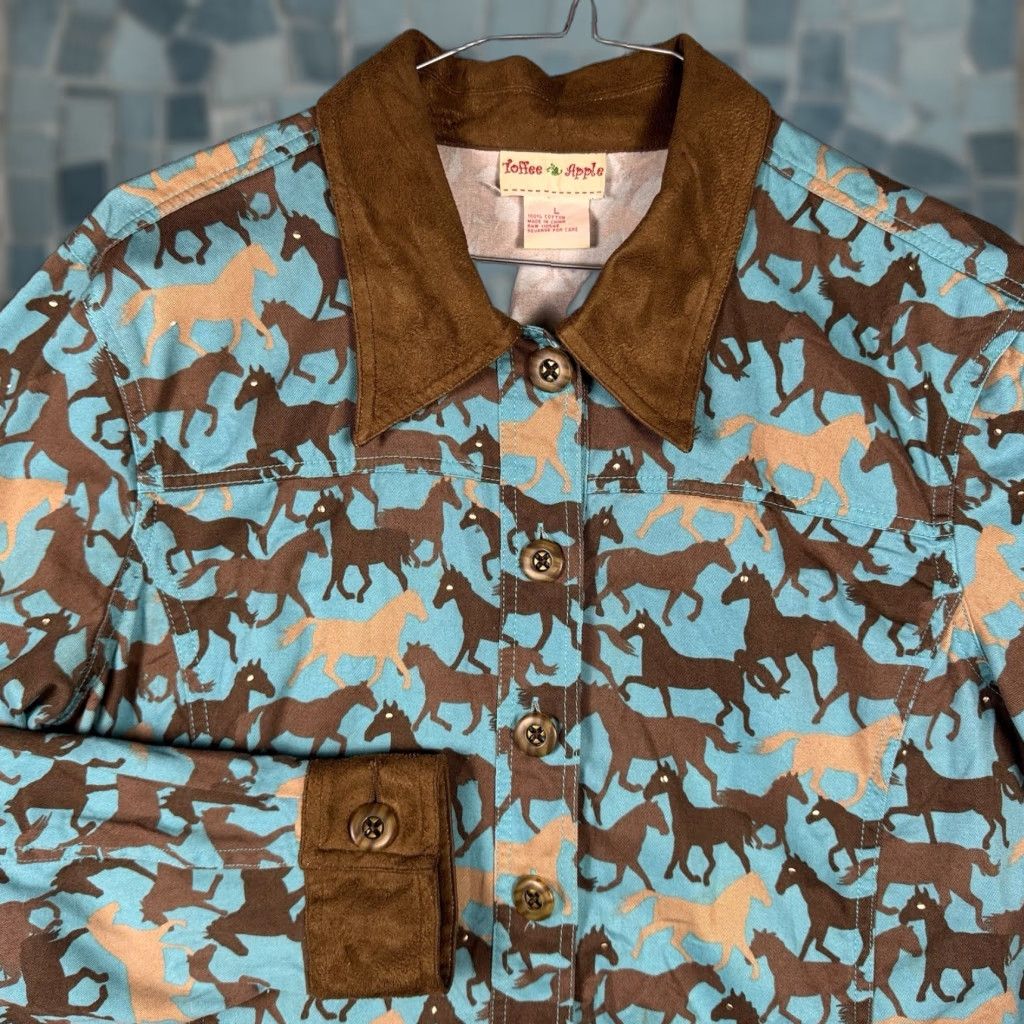 Apple Toffee Apple Jacket Women's L Canvas Horse Faux Leather Equestrian Western Cowgirl Horse Pattern Button Closure Casual Travel Fall Winter Spring Blue Size L / US 10 / IT 46 - 1 Thumbnail