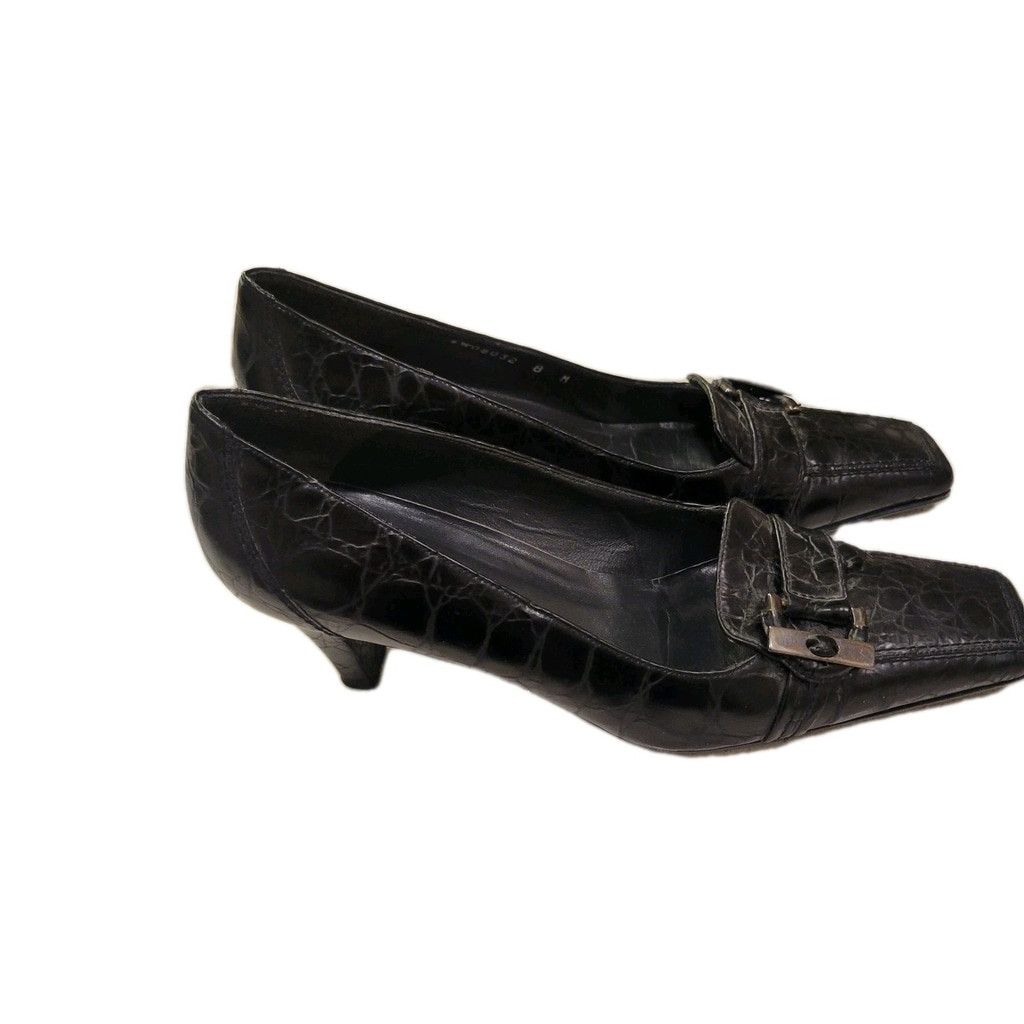 Stuart Weitzman STUART WEITZMAN Black Crocodile Embossed Square Toe Wedge Size US 8 / IT 38 - 4 Thumbnail