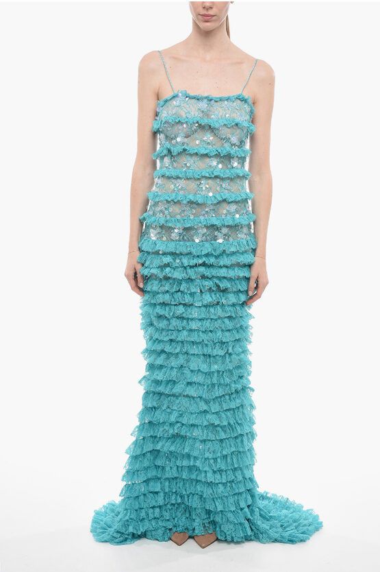 image of Retrofete Ruffled Lace Maxidress With Sequines in Light Blue, Women's (Size Medium)