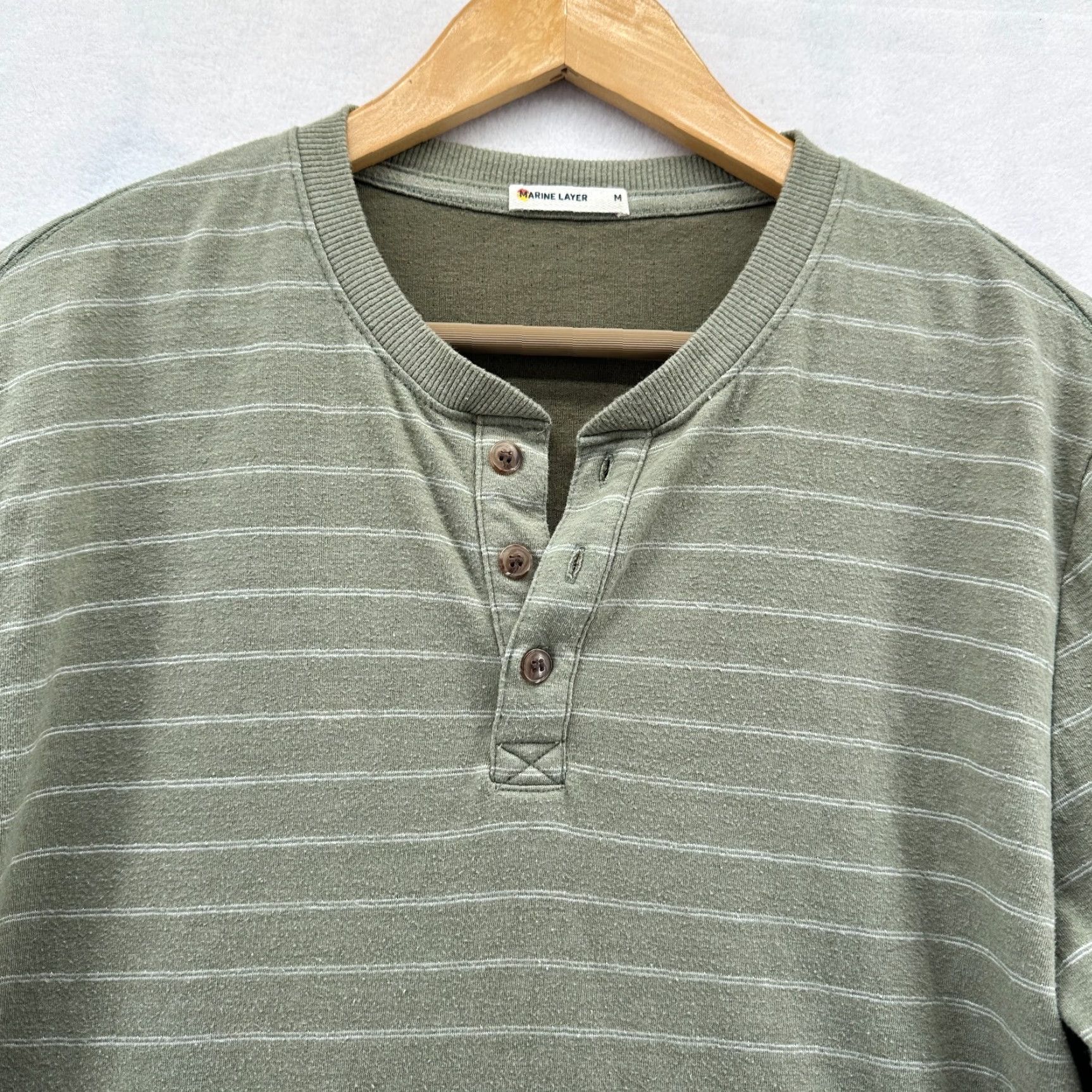 Marine Layer VINTAGE Marine Layer Henley Green Striped Large Crewneck Cotton Mens Size Medium Size US M / EU 48-50 / 2 - 2 Thumbnail