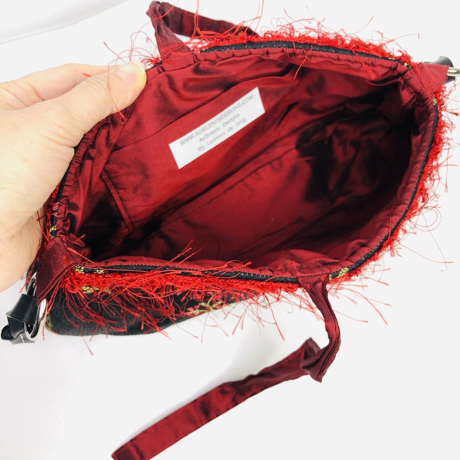 Other Vtg 80s AcScents Tapestry Black Floral Bag Red Fringe Size ONE SIZE - 9 Thumbnail