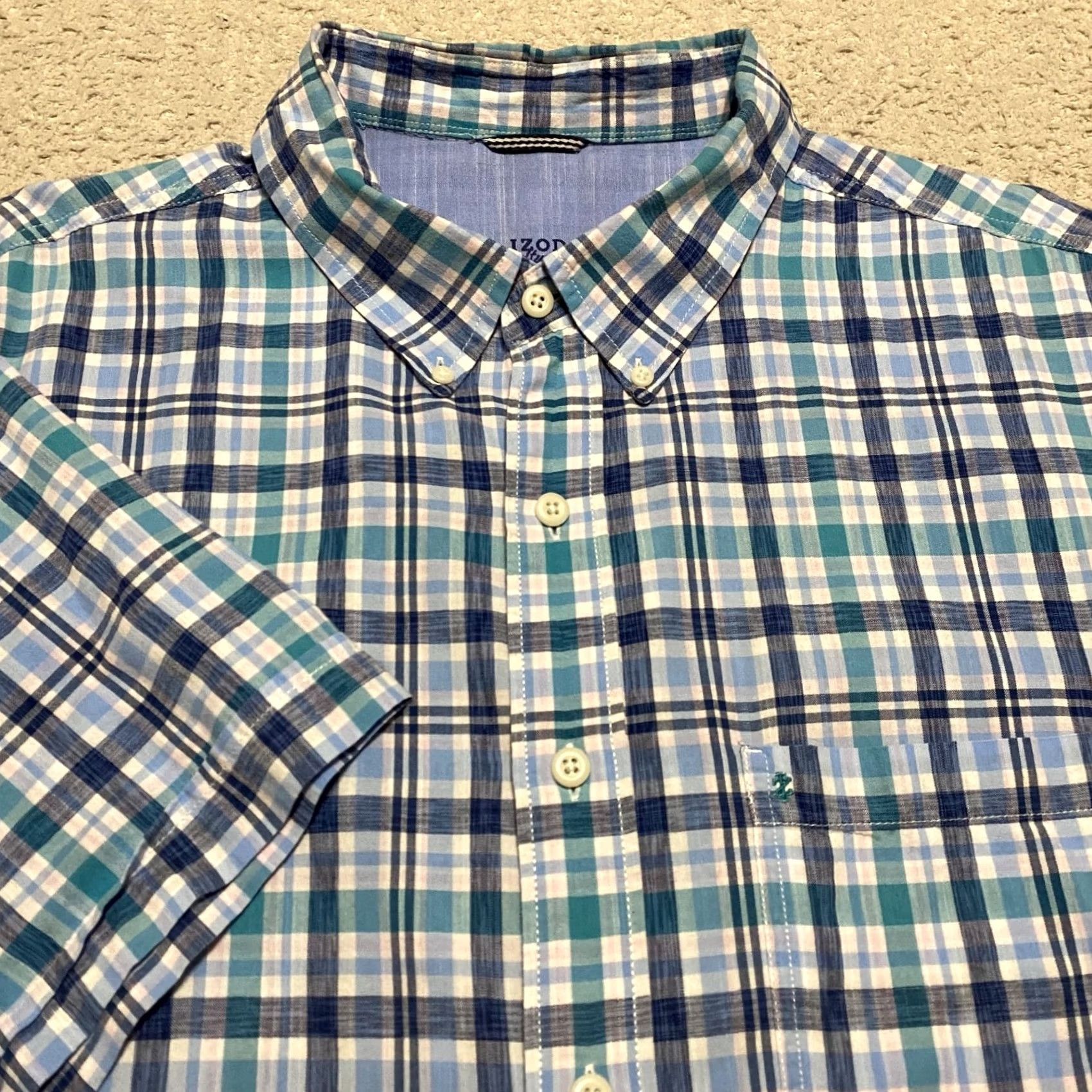 Izod IZOD Saltwater Button-Down Shirt Mens 2XL Multicolor Plaid Cotton Short Sleeve Button-Up Collar-Down Casual Travel Size US XXL / EU 58 / 5 - 5 Thumbnail