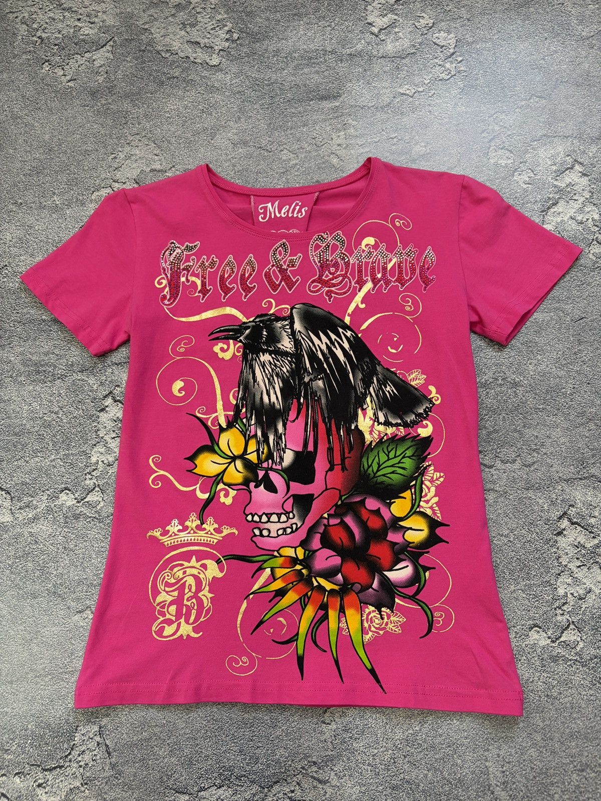 Other Melis Cyber Y2K Skull & Rose Rhinestone Tattoo Tee Large Size L / US 10 / IT 46 - 1 Thumbnail