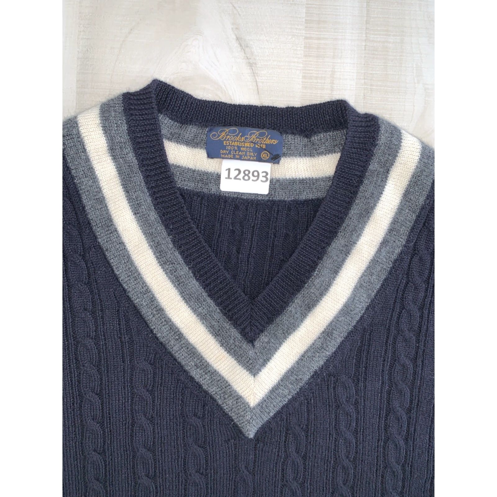 Brooks Brothers VINTAGE Brooks Brothers Sweater Men’s Wool V-Neck Cable Knit Navy/Blue XL Striped 90s Preppy Classic College Pullover Size US XL / EU 56 / 4 - 2 Thumbnail