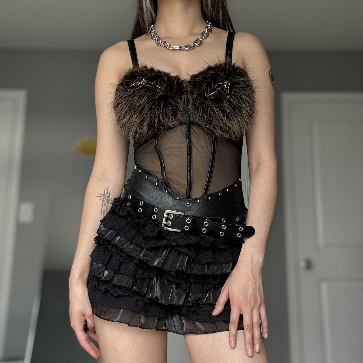 Other Futuristic Faux Fur Leather Corset Bodysuit Silver Hardware Size XS / US 0-2 / IT 36-38 - 9 Thumbnail