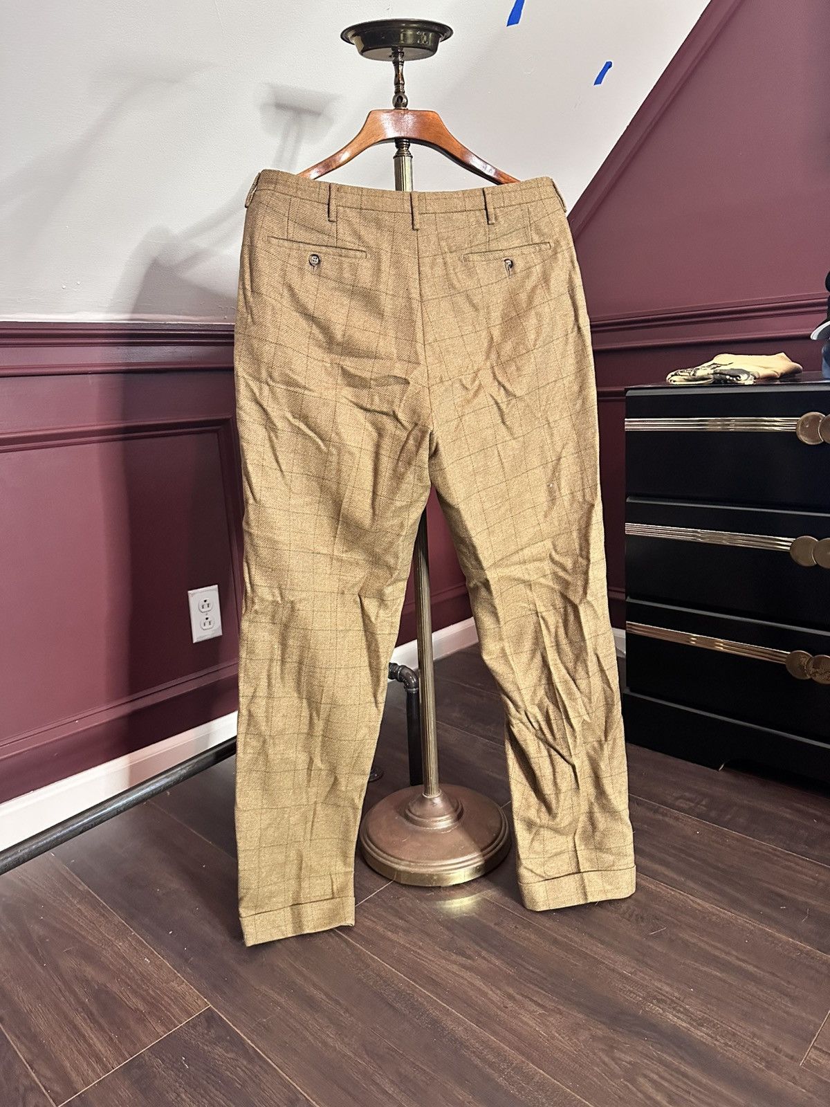 Bullock & Jones Vintage tan check heavy wool Italian cuffed pants Size US 35 - 7 Thumbnail