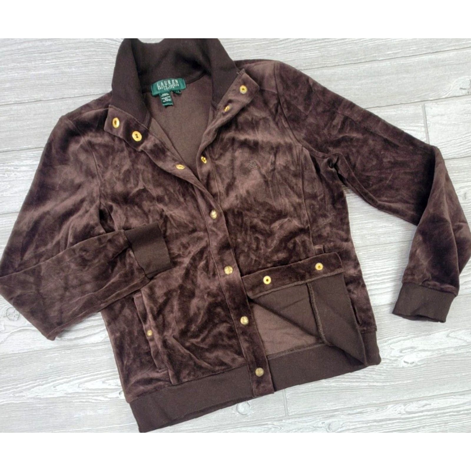 Ralph Lauren VINTAGE Lauren Ralph Lauren P/S Velour Track Jacket Brown Gold Snaps Button Mock Neck Size S / US 4 / IT 40 - 2 Thumbnail