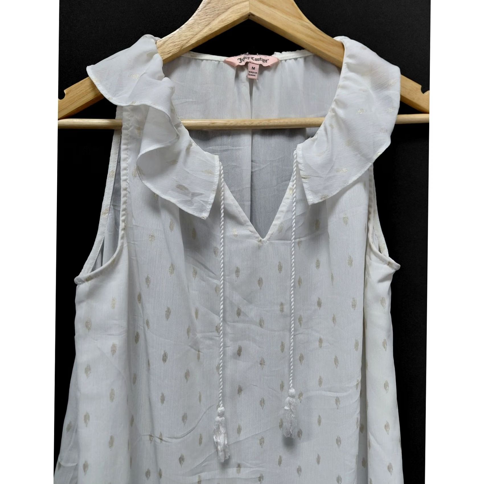 Juicy Couture Juicy Couture White Sleeveless Top Solid Polyester Women M V-Neck Tank Sleeve Casual Blouse Ruffle Collar Lightweight Breathable Spring Summer Size M / US 6-8 / IT 42-44 - 3 Thumbnail