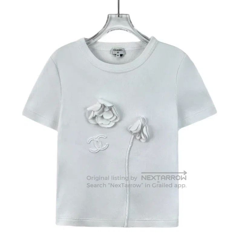 Chanel White camelia relief cotton round-neck short-sleeve