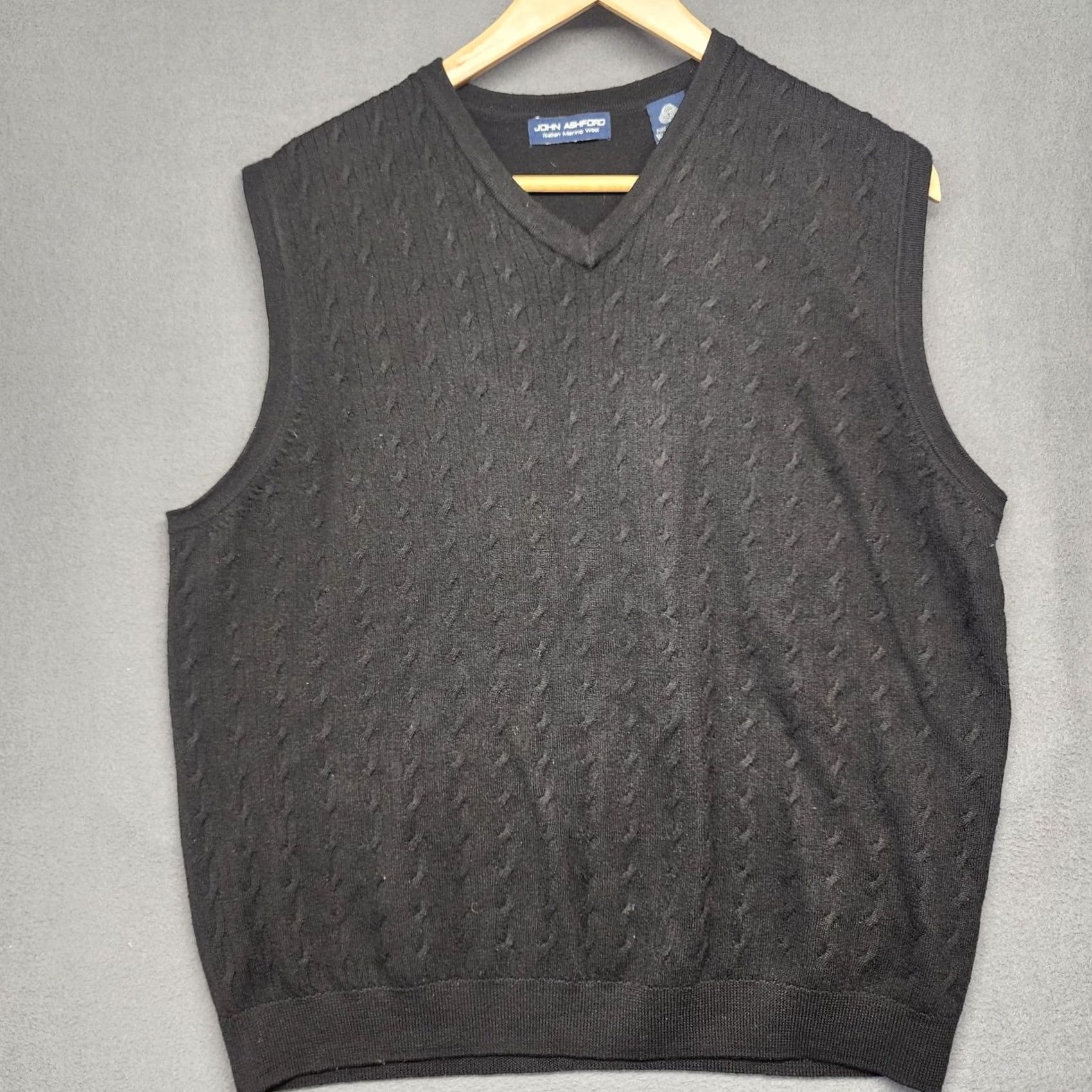Vintage John Ashford Sweater Vest Men Large Black Italian Merino Wool Cable-Knit V-Neck Sleeveless Pullover Classic Size US L / EU 52-54 / 3 - 2 Thumbnail