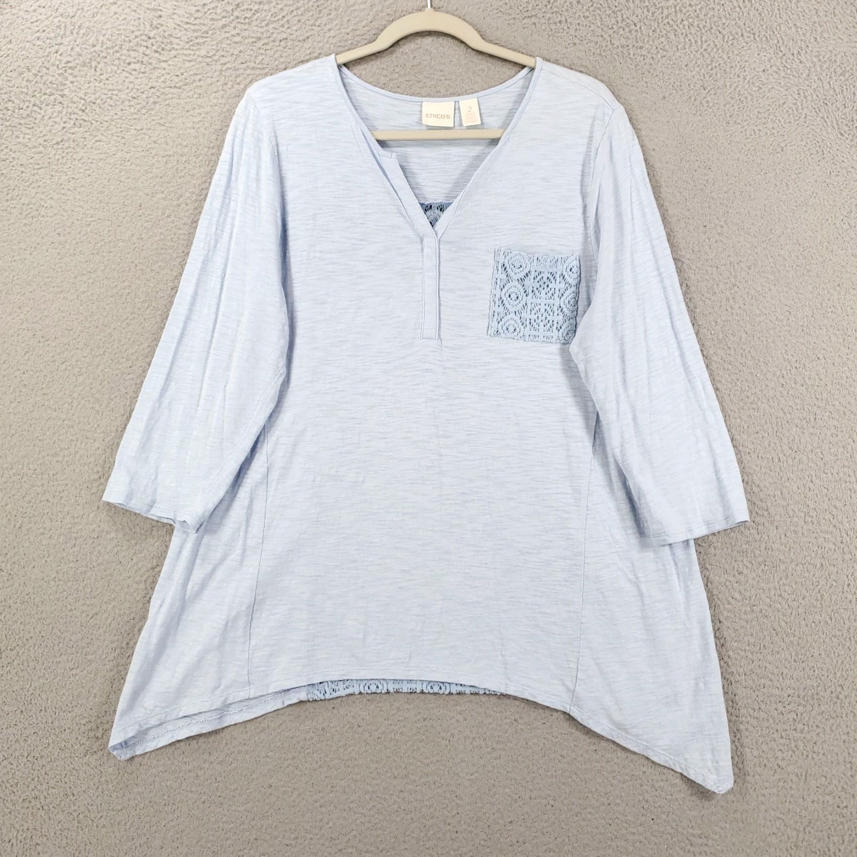 Vintage VINTAGE Chicos Blouse Shirt Womens L Light Blue V-Neck Lace Back Lightweight Knit Button Decade Classic All Seasons Mens? Wait no. Size L / US 10 / IT 46 - 2 Thumbnail