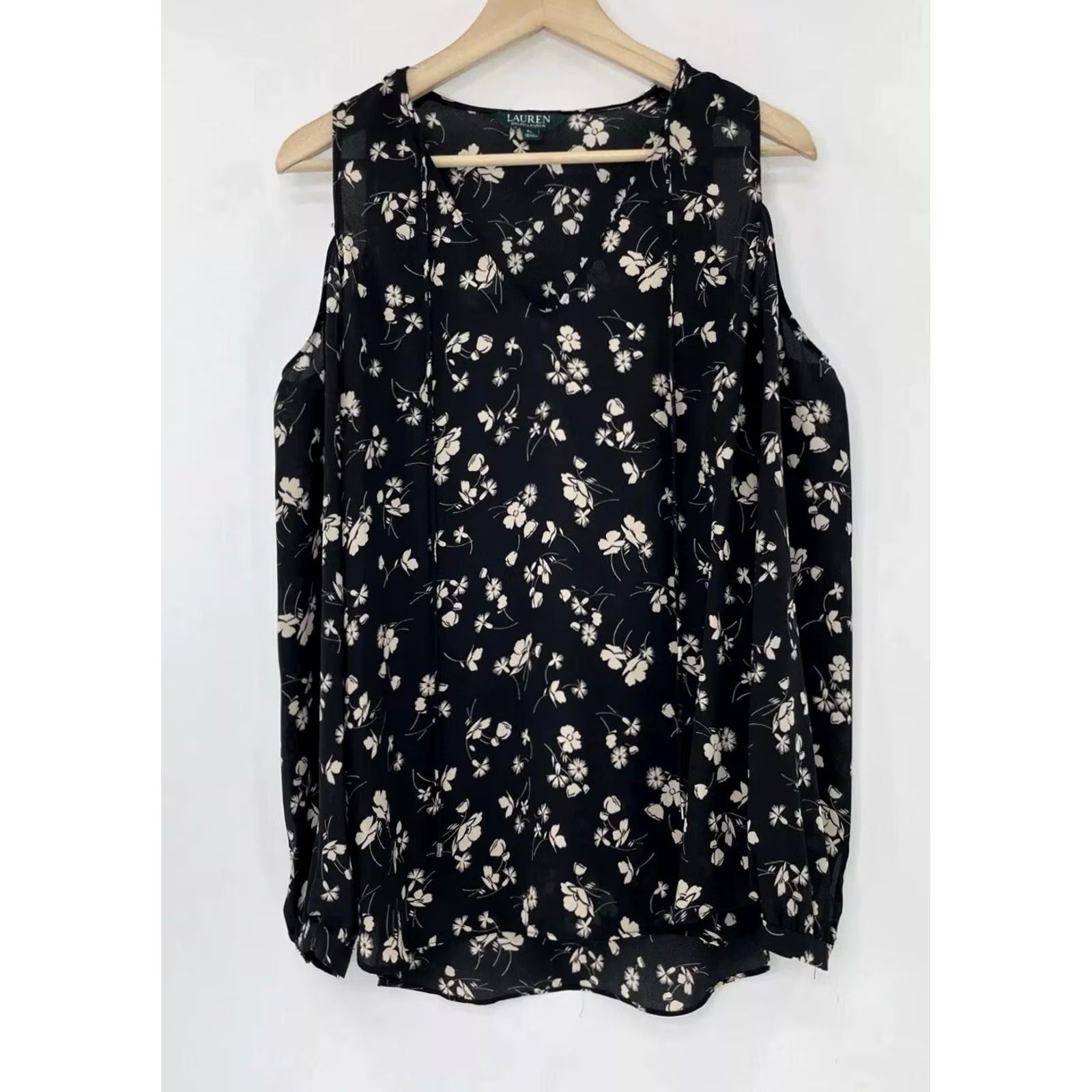 Ralph Lauren Lauren Ralph Lauren Chalsie Black Floral Print Blouse Cold Shoulder Top Size PL Size L / US 10 / IT 46 - 3 Thumbnail