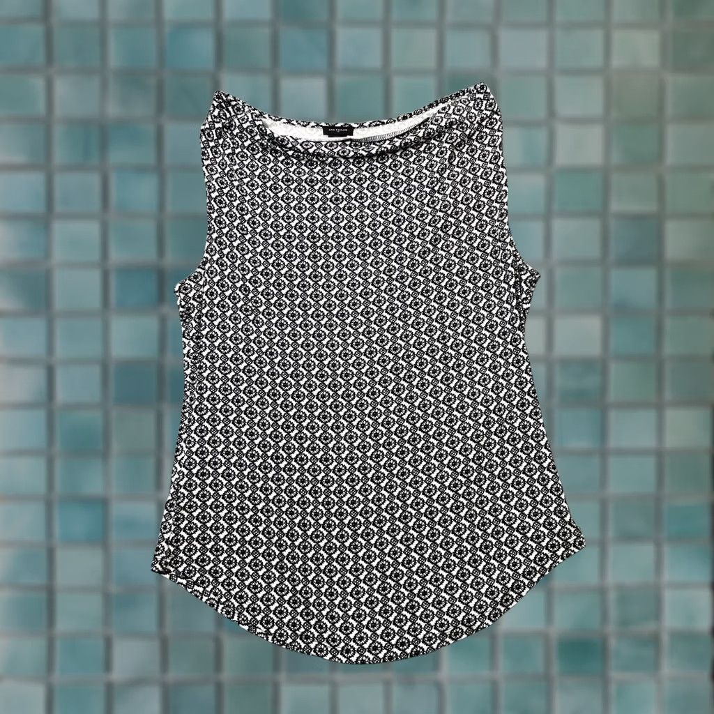 Ann Taylor Ann Taylor Blouse Womens M Black Geometric Sleeveless Boat Neck Rounded Hem Shirt Womens Medium Black Geometric Sleeveless Boat Neck Rounded Hem Size M / US 6-8 / IT 42-44 - 1 Thumbnail