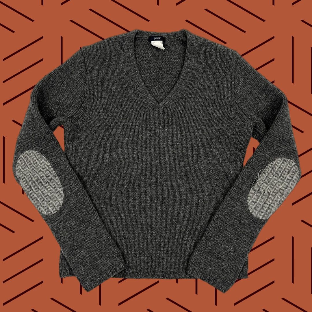 J.Crew VINTAGE J Crew Lambs Wool Sweater Womens S Gray Herringbone Elbow Patch Academia Preppy Size S / US 4 / IT 40 - 1 Thumbnail
