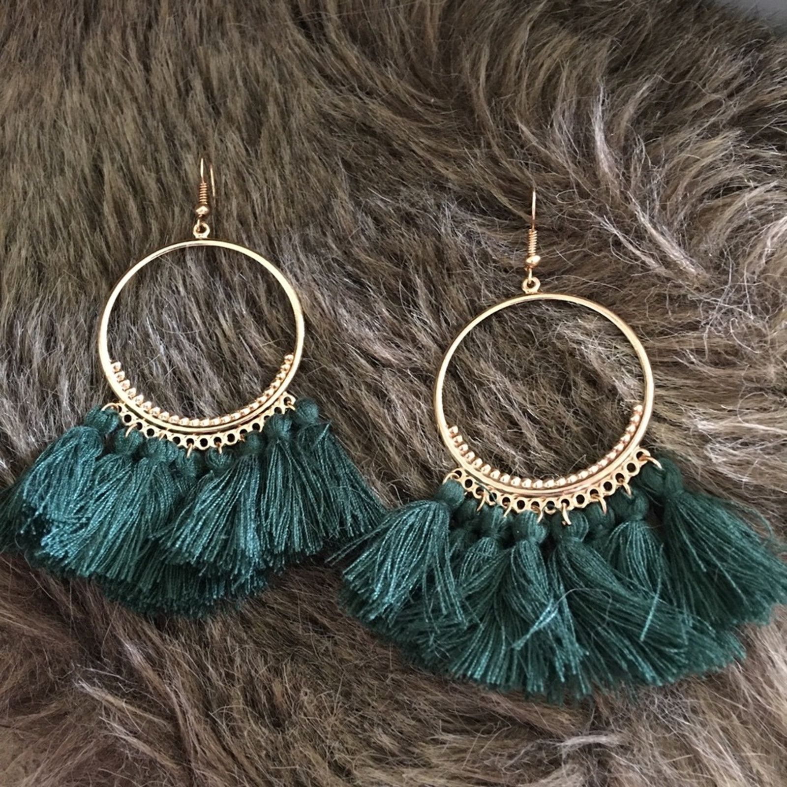 Jewelry Gold Tone Fish Hook Green Tassel Earrings, Women's
