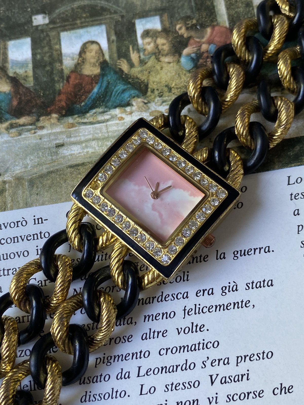 Japanese Brand × Jewelry × Vintage Elegant Watch Pink Dial Gold Black Strap Size ONE SIZE - 3 Thumbnail