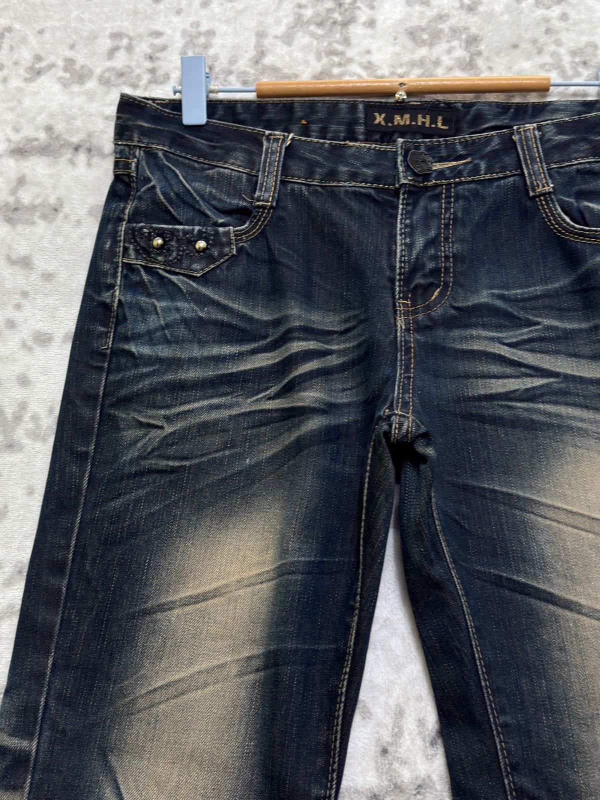 Japanese Brand Vintage X.M.H.L Y2K Mud Wash Studded Low Rise Flare Denim Size US 31 - 4 Thumbnail