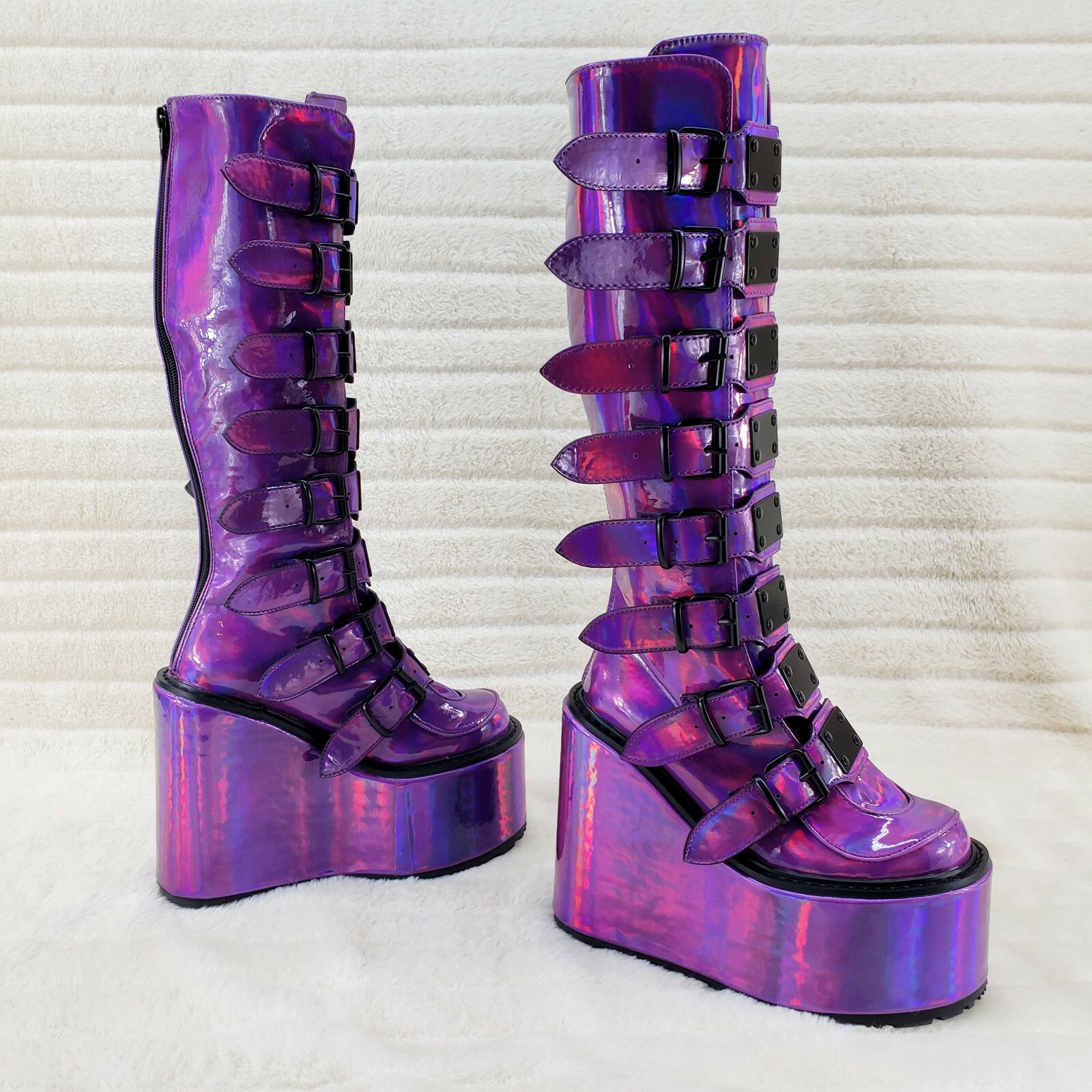 Demonia Cult DEMONIA Swing 815 Purple hologram Goth Punk Knee Boot 5.5" P Size US 7 / IT 37 - 4 Thumbnail