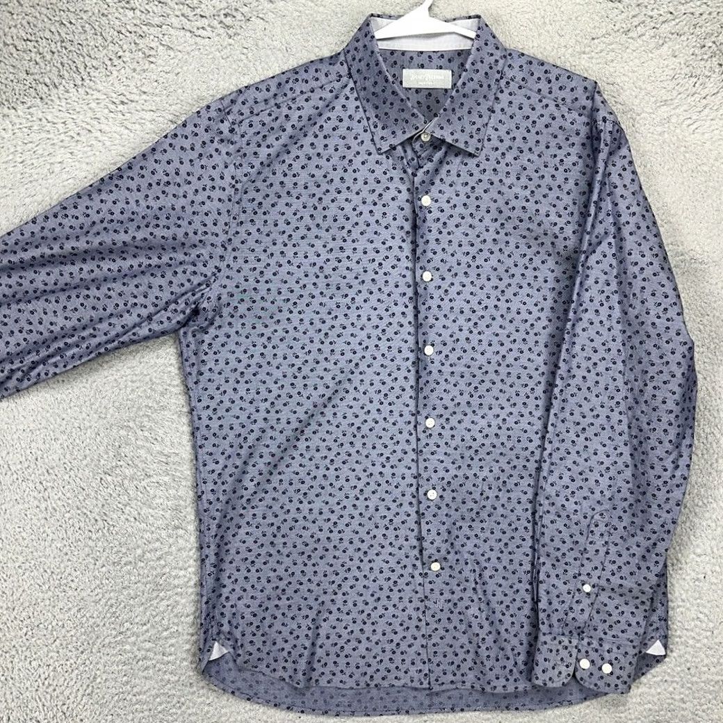 Vintage Hickey Freeman Button-Up Shirt Mens Large Blue Floral Long Sleeve Navy Cotton Breathable Preppy Slim Fit Size US L / EU 52-54 / 3 - 2 Thumbnail